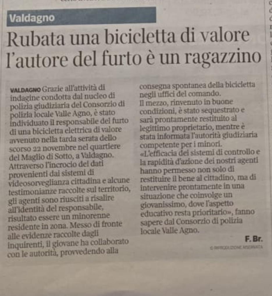 Immagine: 20260102 corriere del Veneto VA furto ebike